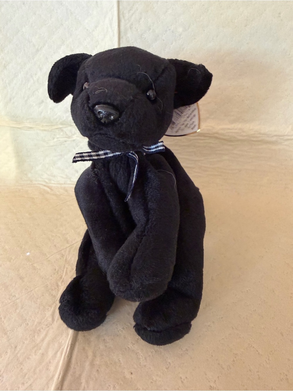 Ty “Luke” Black Beanie Baby with Checked Ribbon